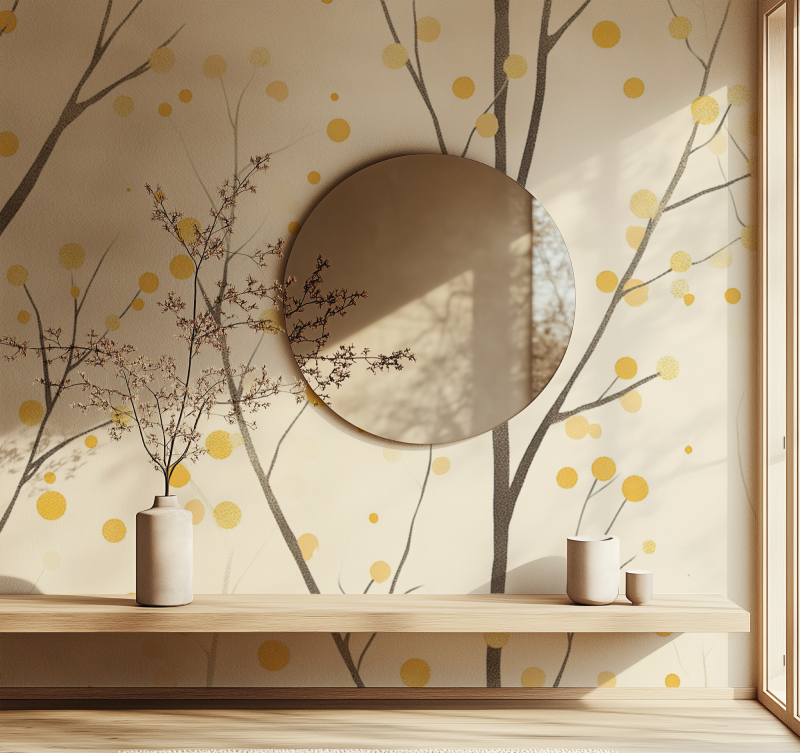 Nature-inspired wall mural bringing warmth to a home office space