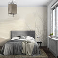 Minimalist floral wallpaper in a bright modern living room showing beige nature patterns creating depth