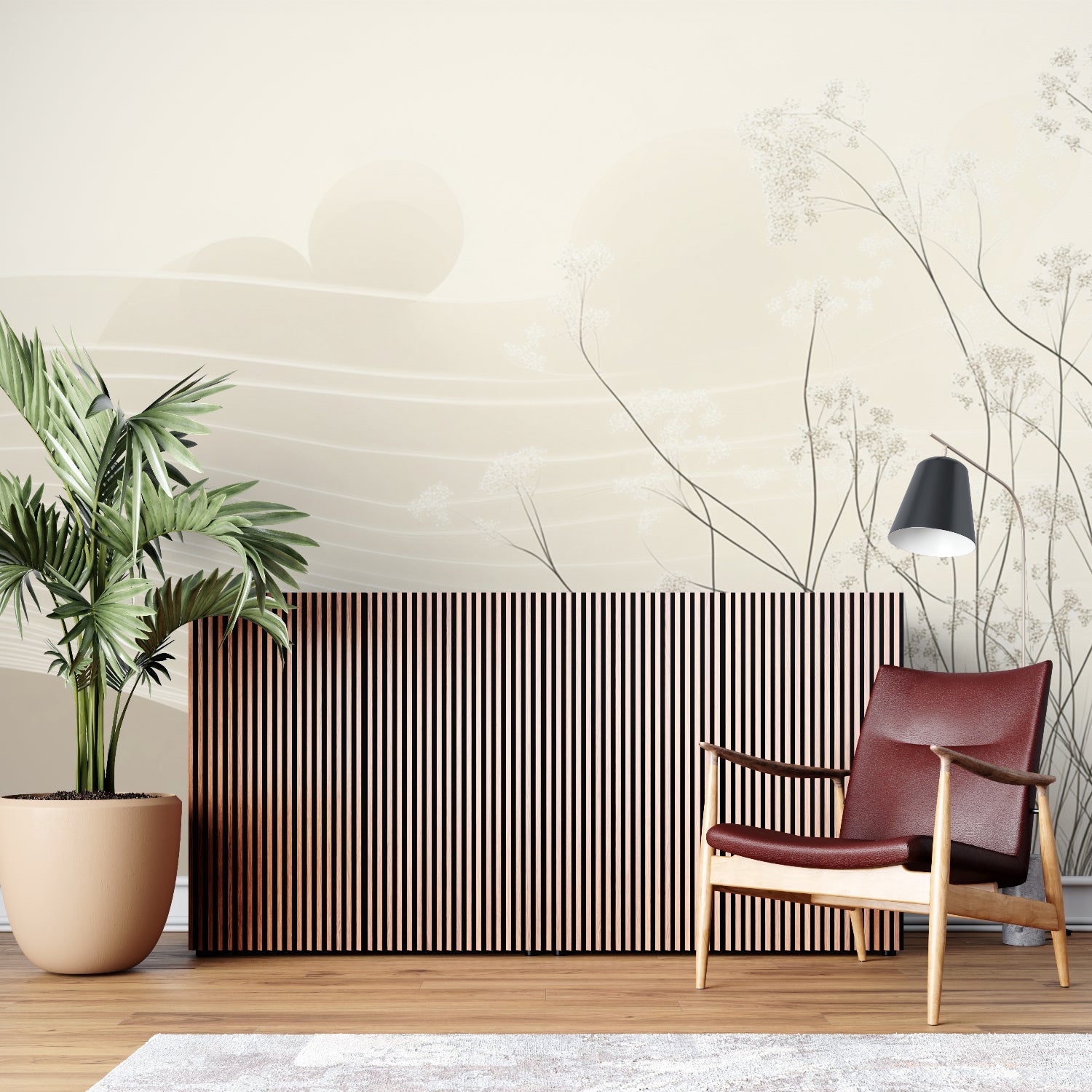 Modern nature wallpaper featured in a minimalist dining room with soft lighting