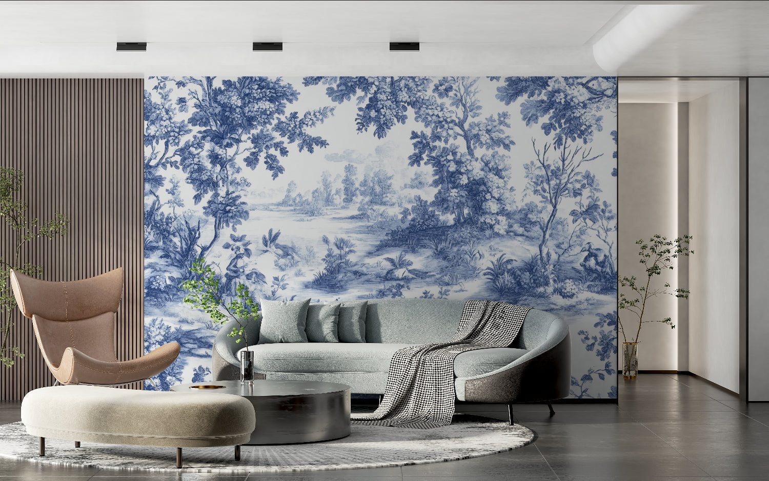 Traditional Toile pattern wallpaper making a statement in an entrance hall
