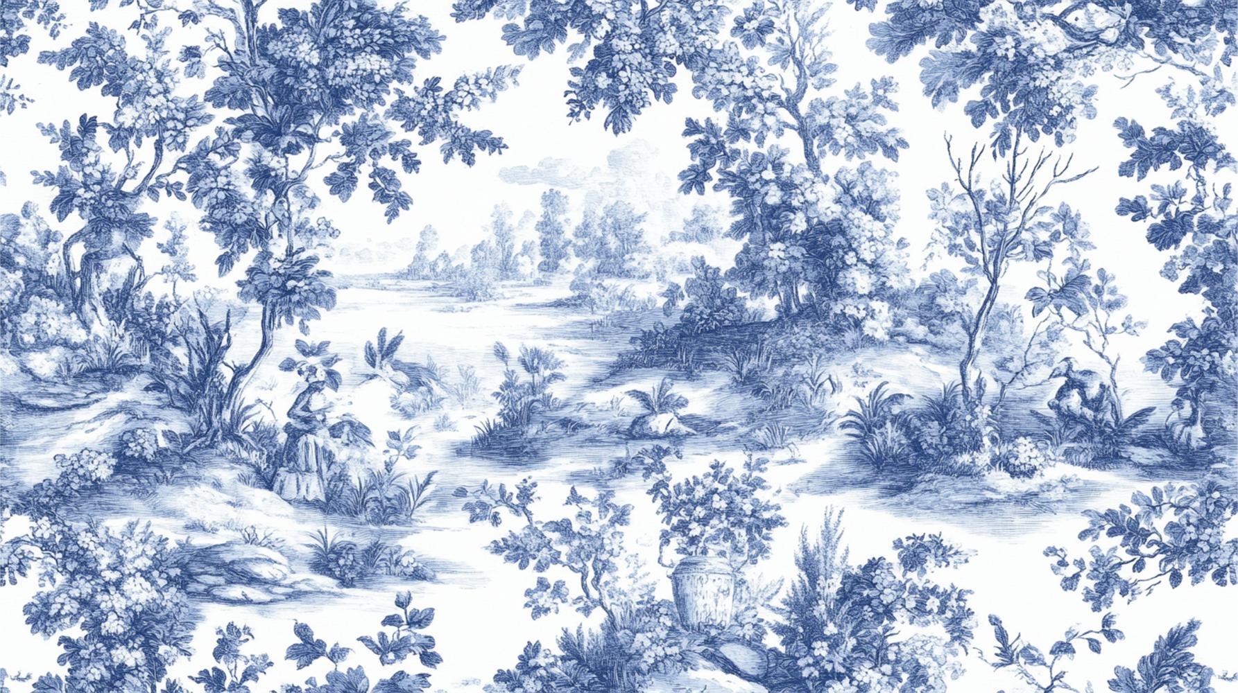 Design file of Blue Toile de Jouy pattern showing intricate pastoral scenes and nature motifs