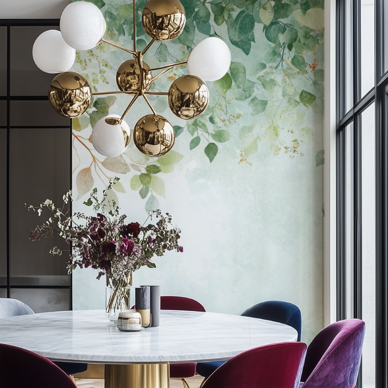 Botanical wallpaper with watercolor leaves creating a calm atmosphere in a modern living room