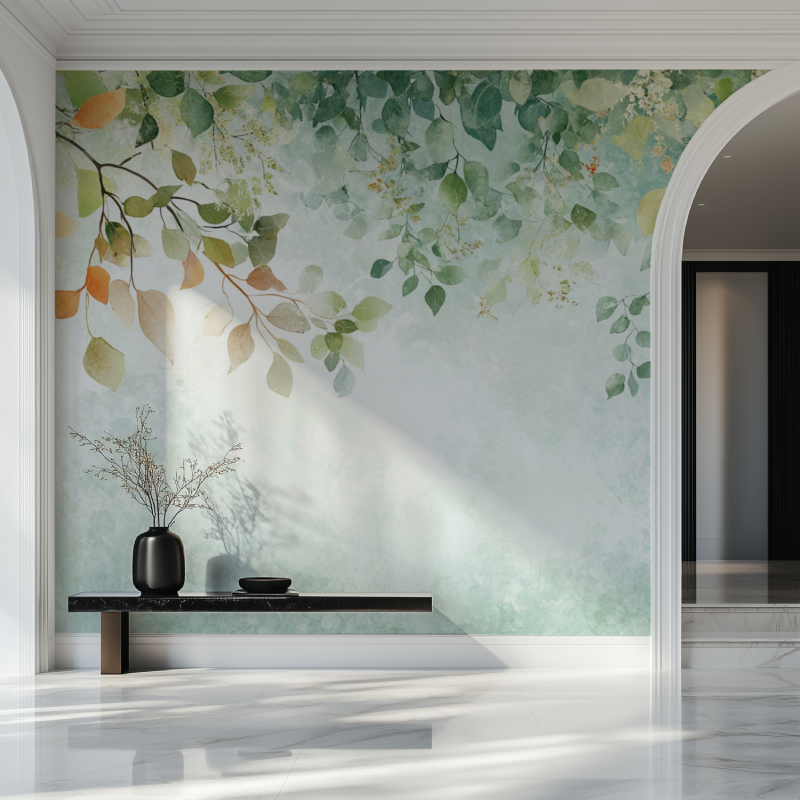 Green leaf mural wallpaper bringing natural beauty to a bright dining room