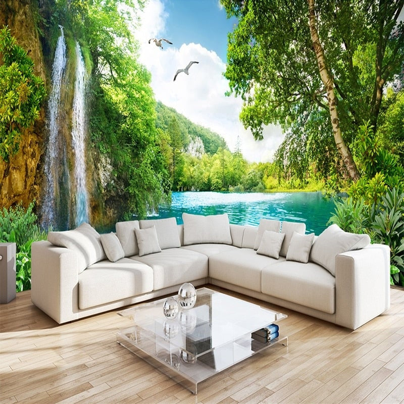 Nature waterfall wallpaper making statement in home office with wooden desk