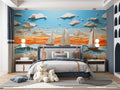 Nautical mural wallpaper creating a dreamy ocean atmosphere in a modern living room