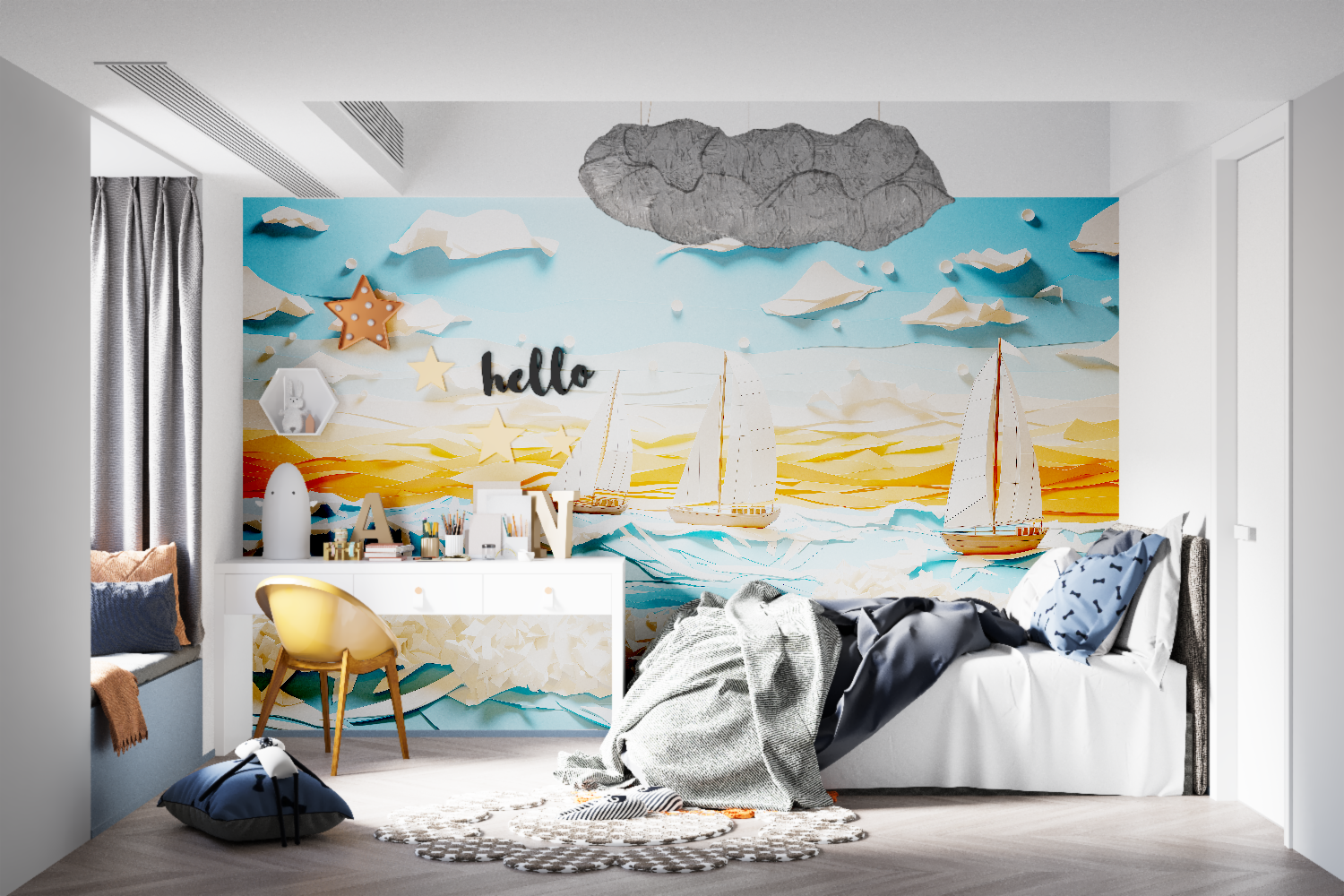 Ocean themed wall mural showcased in a cozy reading nook