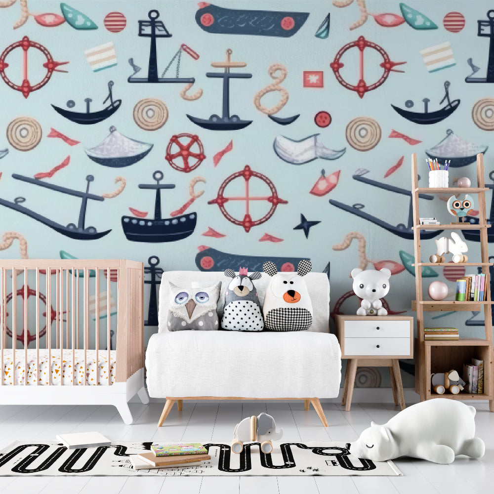 Marine adventure mural in nursery setting with wooden crib and soft lighting