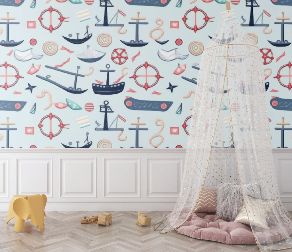 Kids nautical wallpaper bringing ocean vibes to modern playroom space