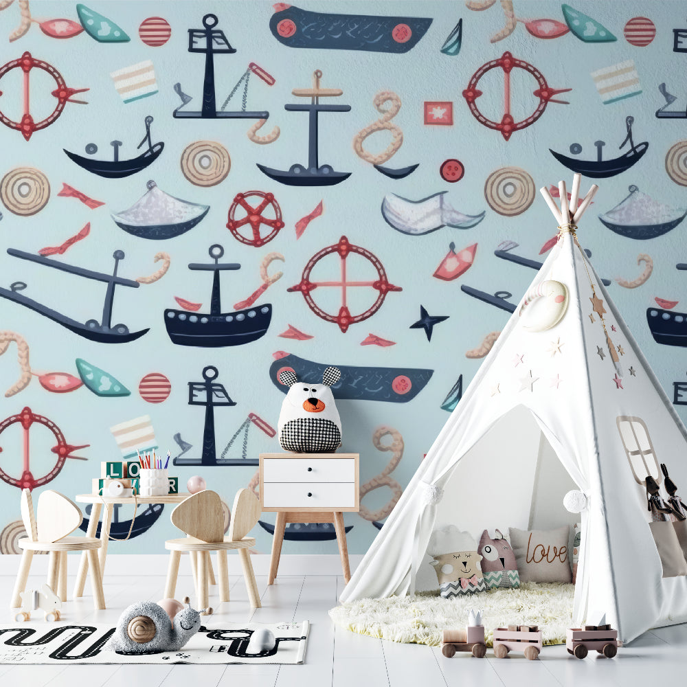 Marine wallpaper creating adventure atmosphere in shared children's bedroom