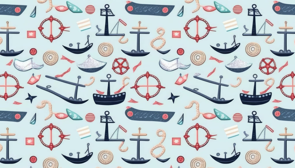 Design file showing detailed nautical pattern with ships, compasses and rope elements