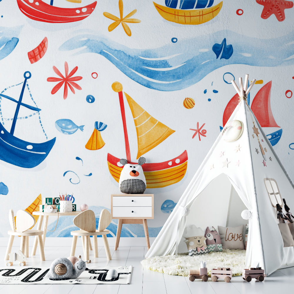 Nautical wallpaper bringing ocean fun to a bright kids bedroom, with red and blue sailing boats dancing on waves