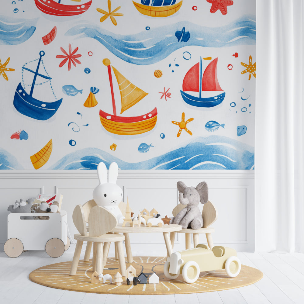 Sailing boats wallpaper creating a playful atmosphere in a modern nursery with natural light