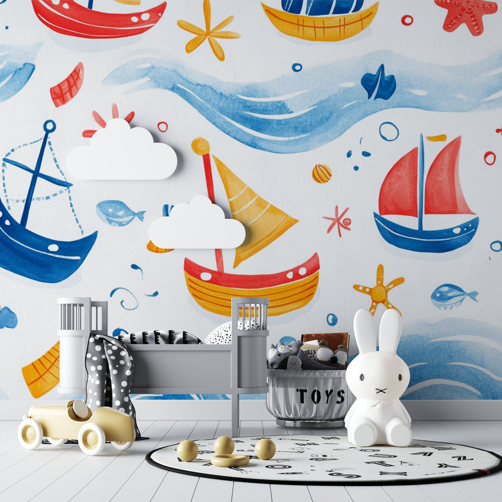 Kids nautical wallpaper showcased in a cozy reading nook with soft lighting