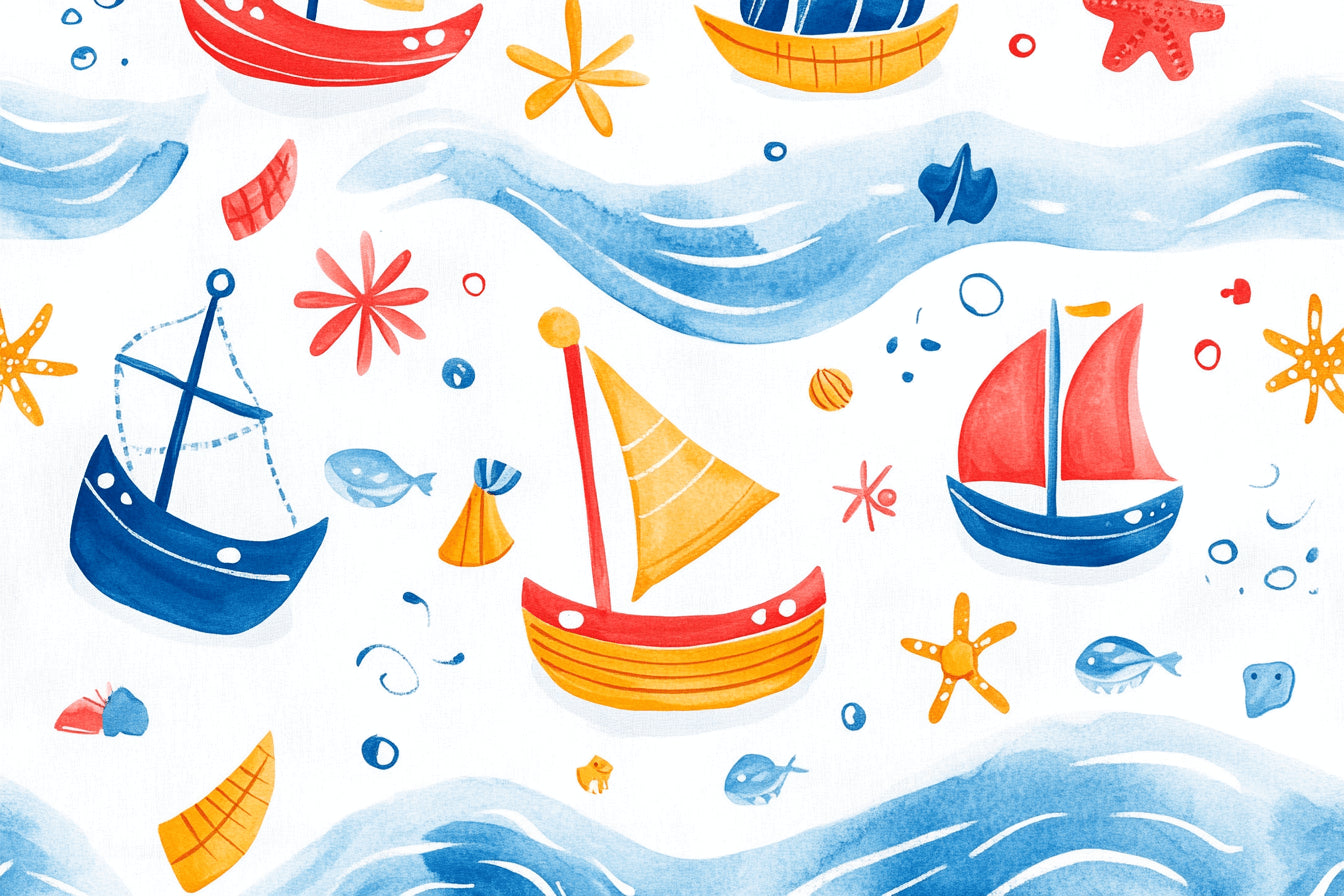 Design file of nautical wallpaper pattern with watercolor sailing boats and sea creatures