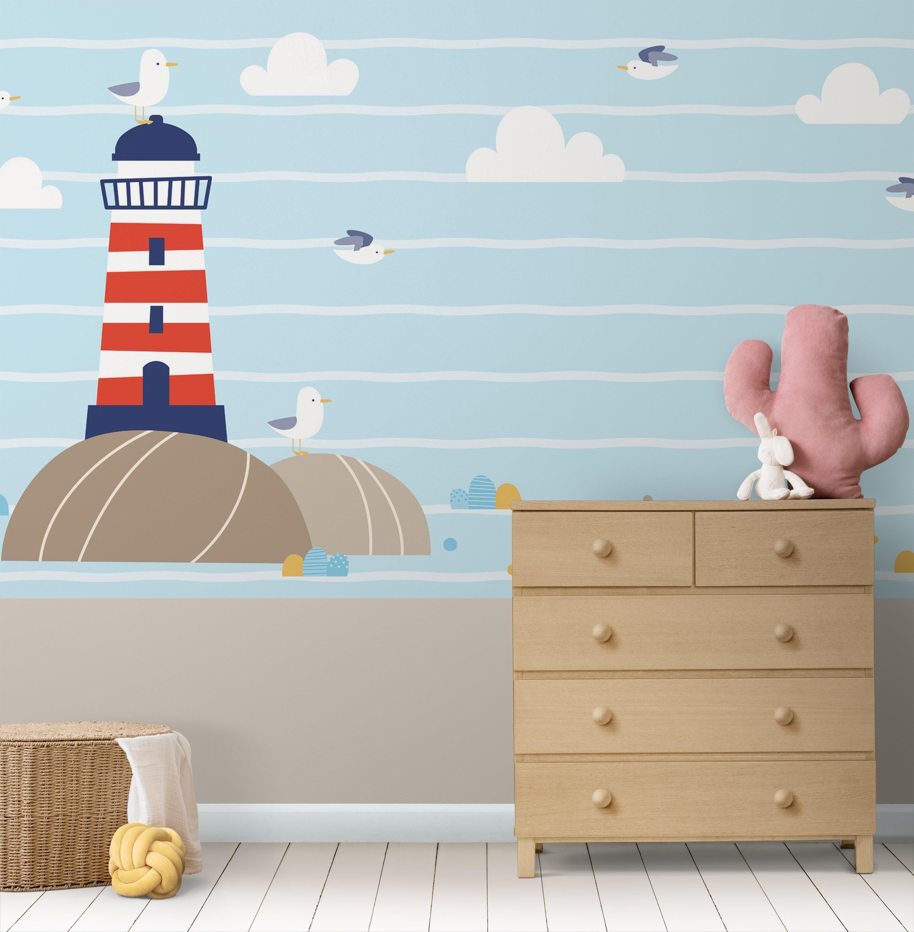 Coastal lighthouse wall mural adding maritime charm to a modern playroom setting