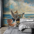 Nautical sailboat wallpaper mural creating a stunning focal point in a modern coastal living room with white furniture