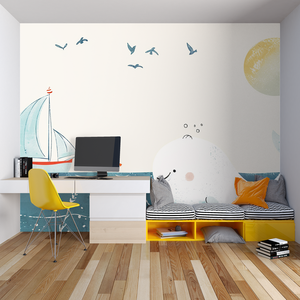 Nautical whale wallpaper in a cozy kids bedroom with soft lighting and marine-themed decor