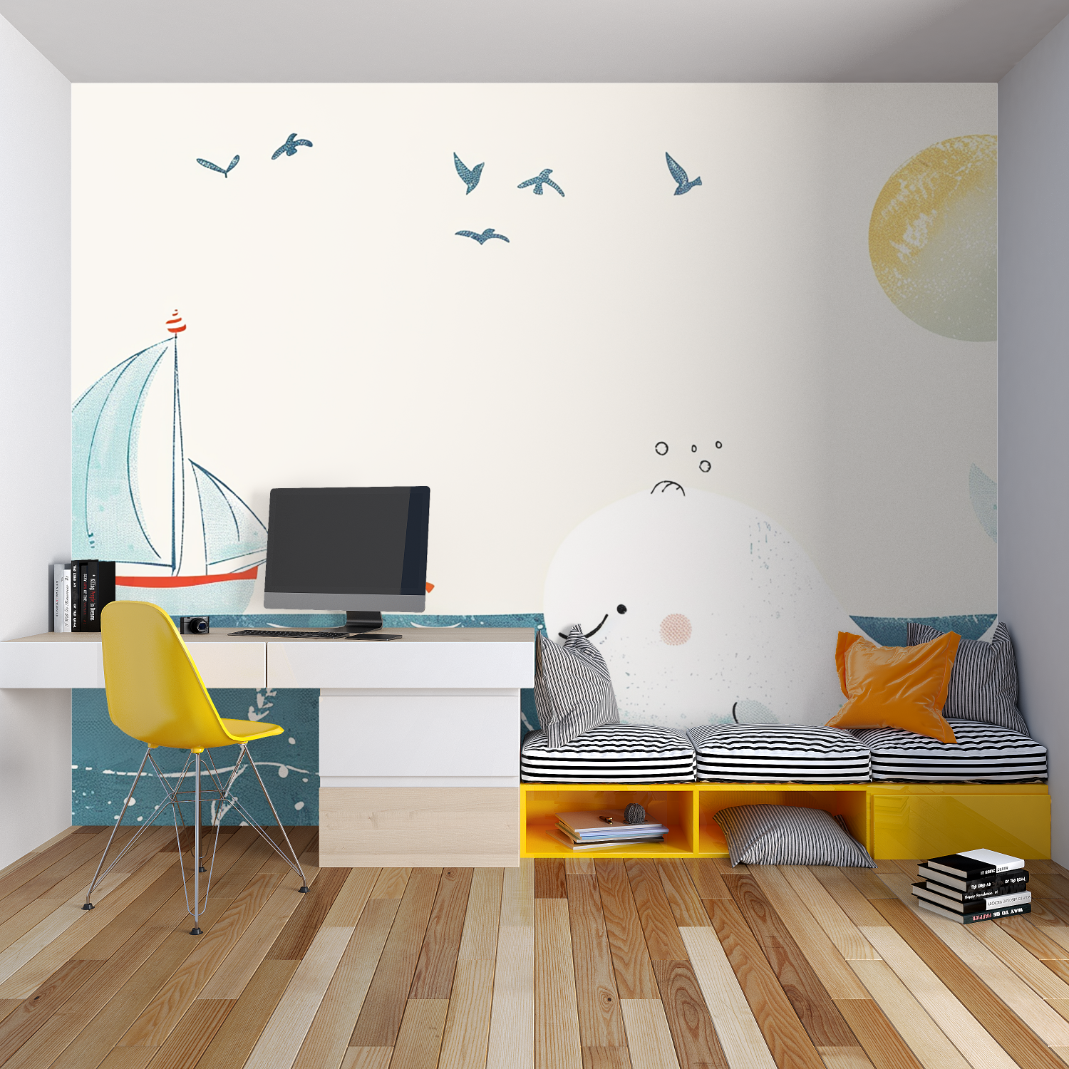 Nautical whale wallpaper in a cozy kids bedroom with soft lighting and marine-themed decor
