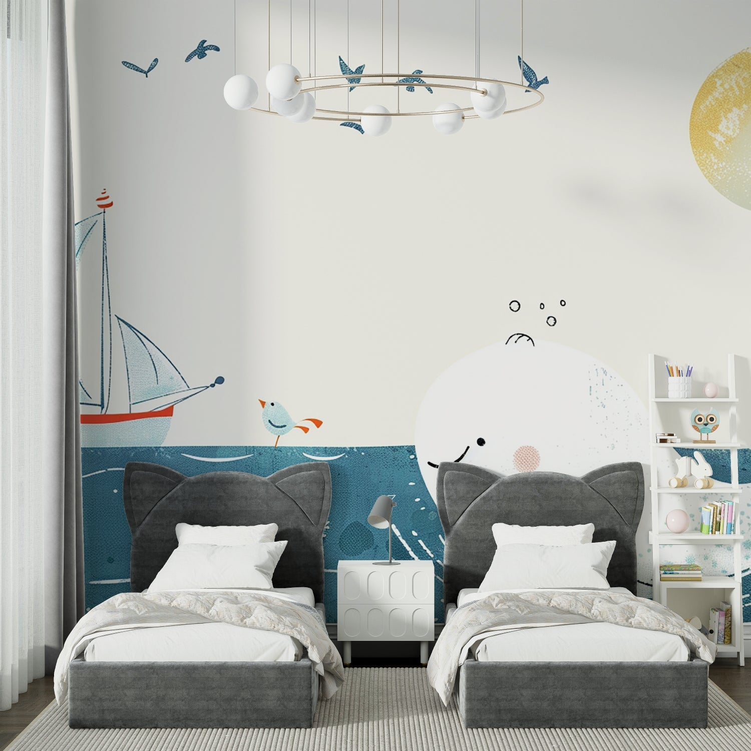 Ocean theme wallpaper bringing life to a modern nursery with white furniture