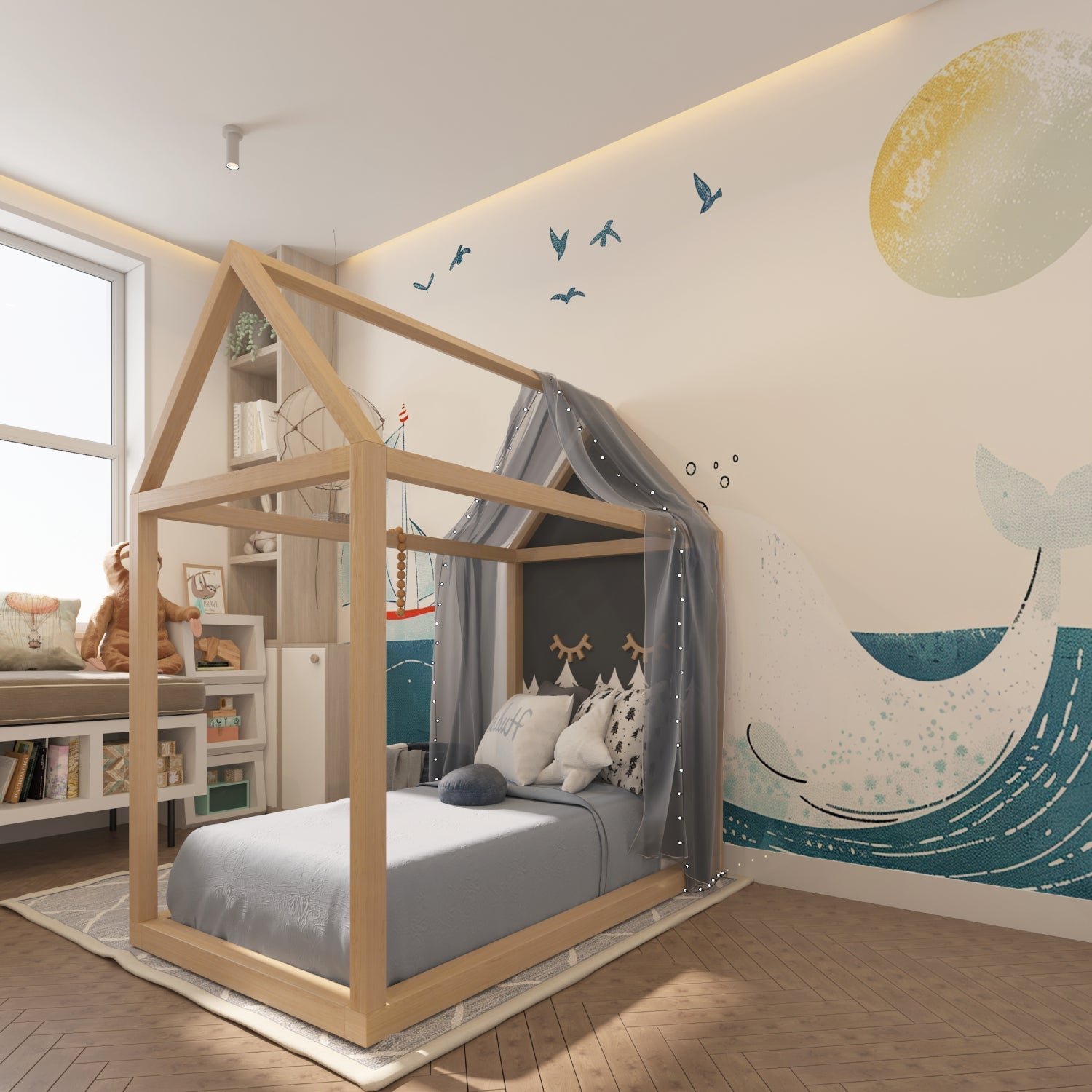 Whale wall mural creating a playful atmosphere in a coastal-style playroom
