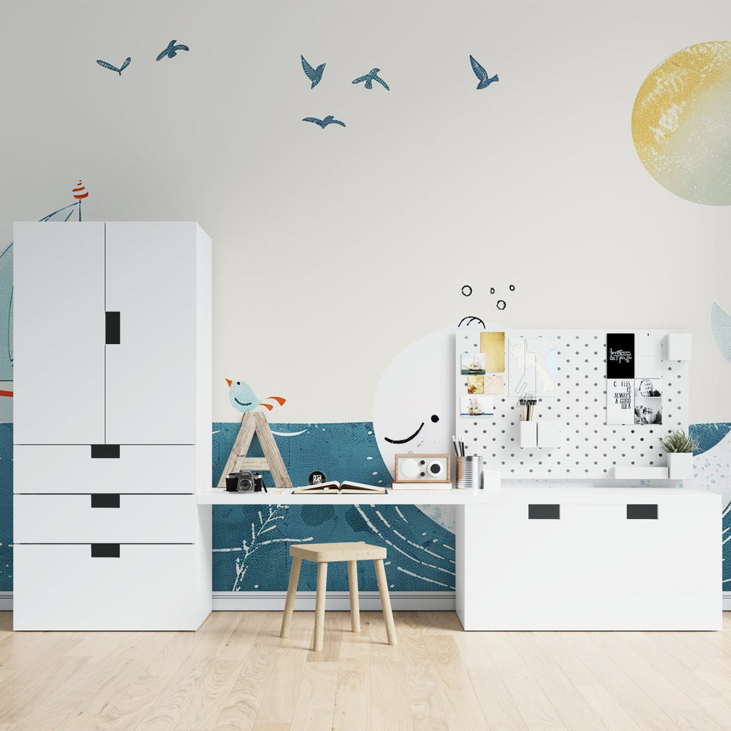 Maritime wallpaper transforming a child's study area with nautical charm