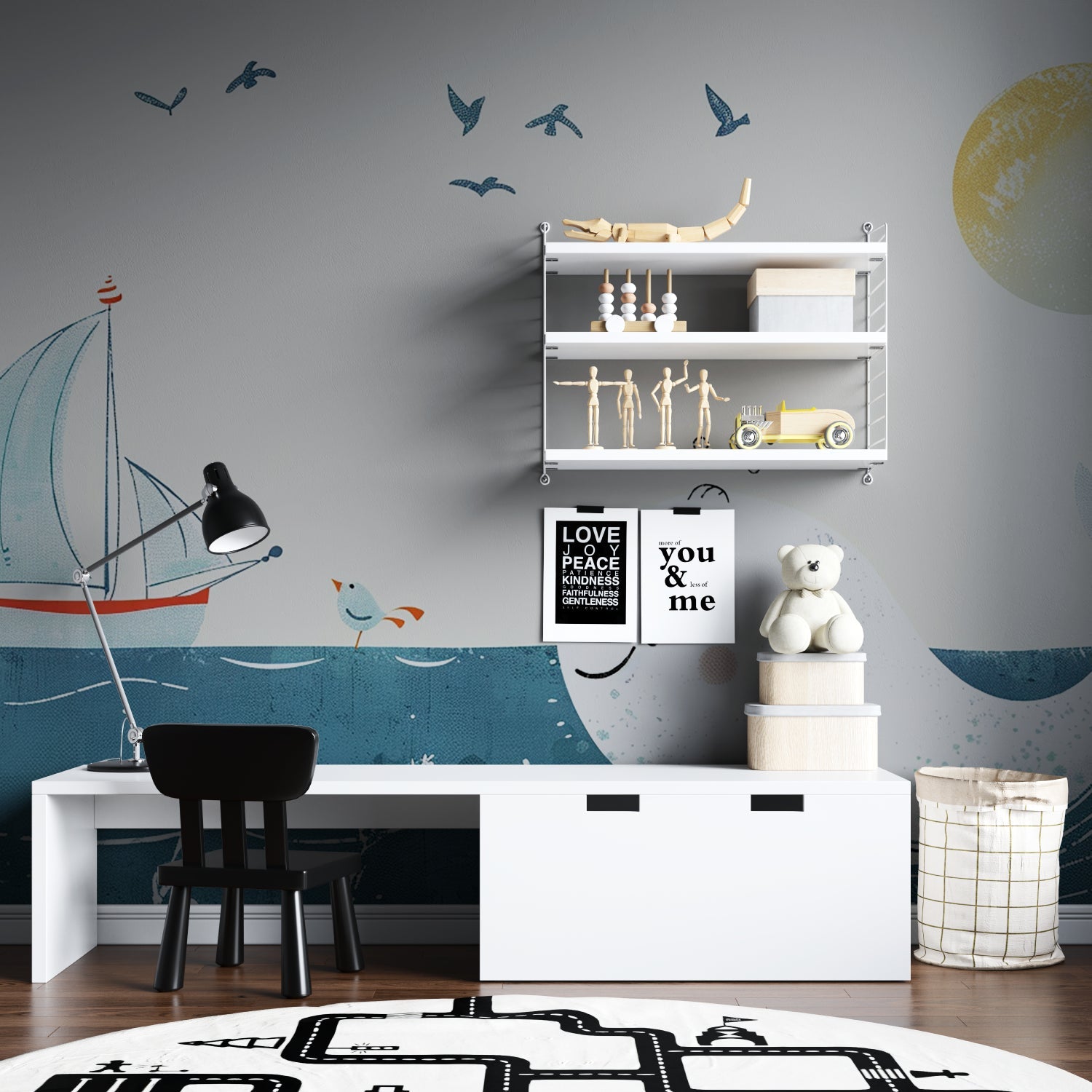 Nautical mural adding whimsy to a reading nook with floating shelves