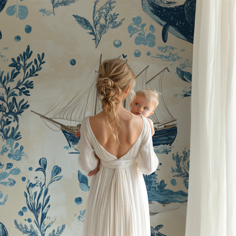 Maritime wallpaper creating a focal point in a modern playroom setting