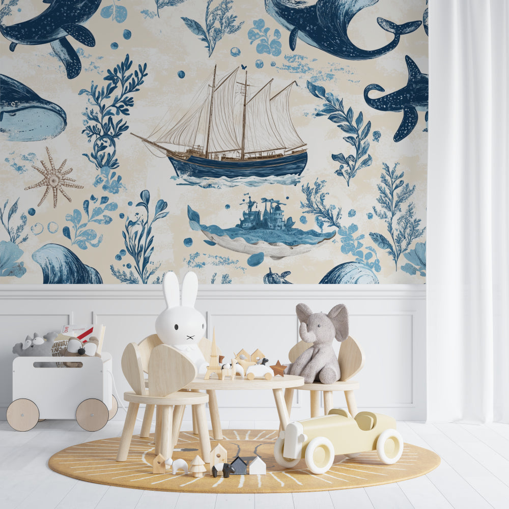 Nautical wall design showcased in a reading nook with cozy seating