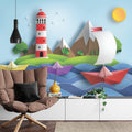 Nautical lighthouse wallpaper bringing coastal charm to a bright kids bedroom with paper boat design