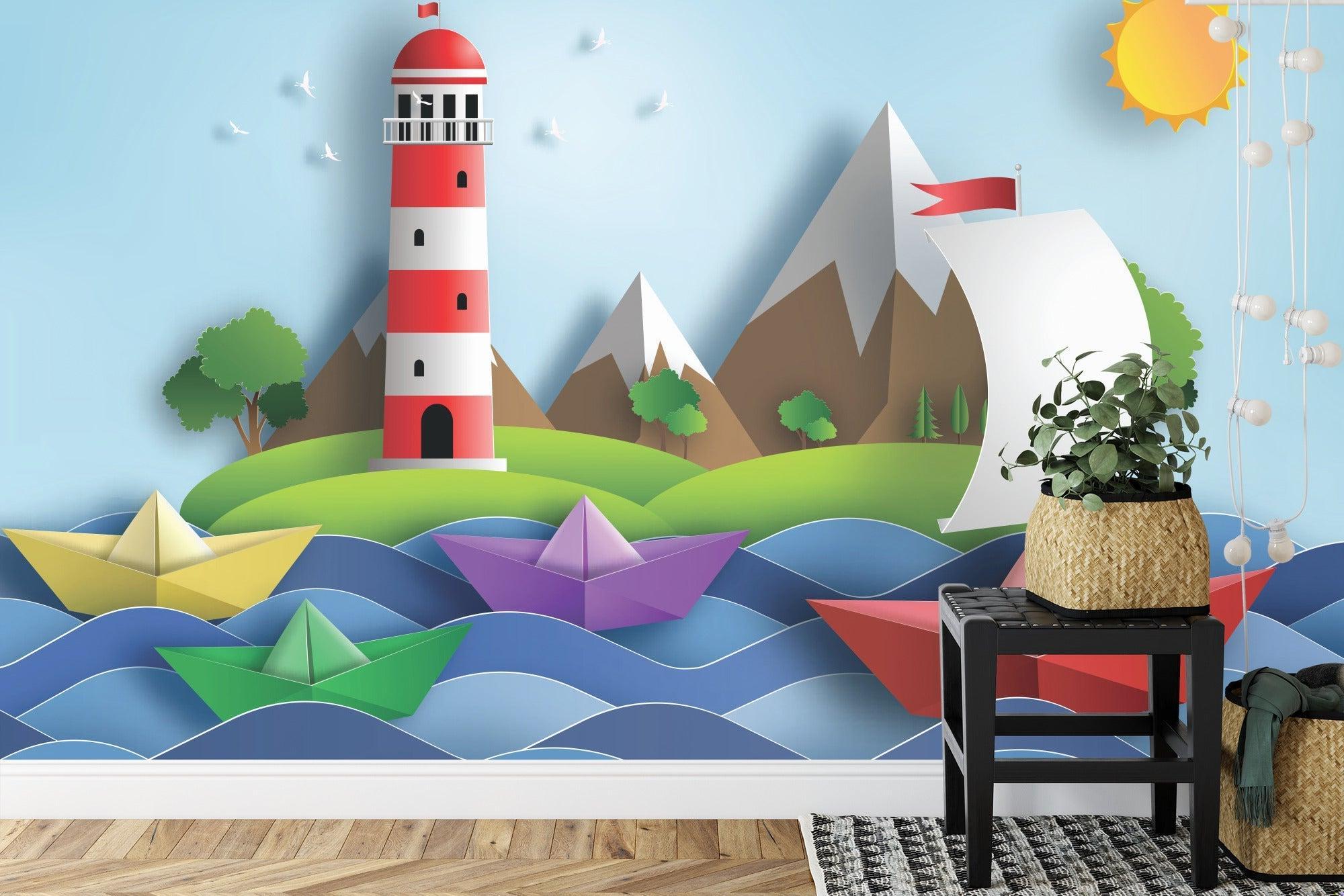 Maritime wall mural showcasing lighthouse and paper boats in cozy playroom setting