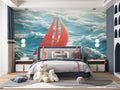 Nautical wallpaper with red sailboat bringing coastal charm to a modern living room