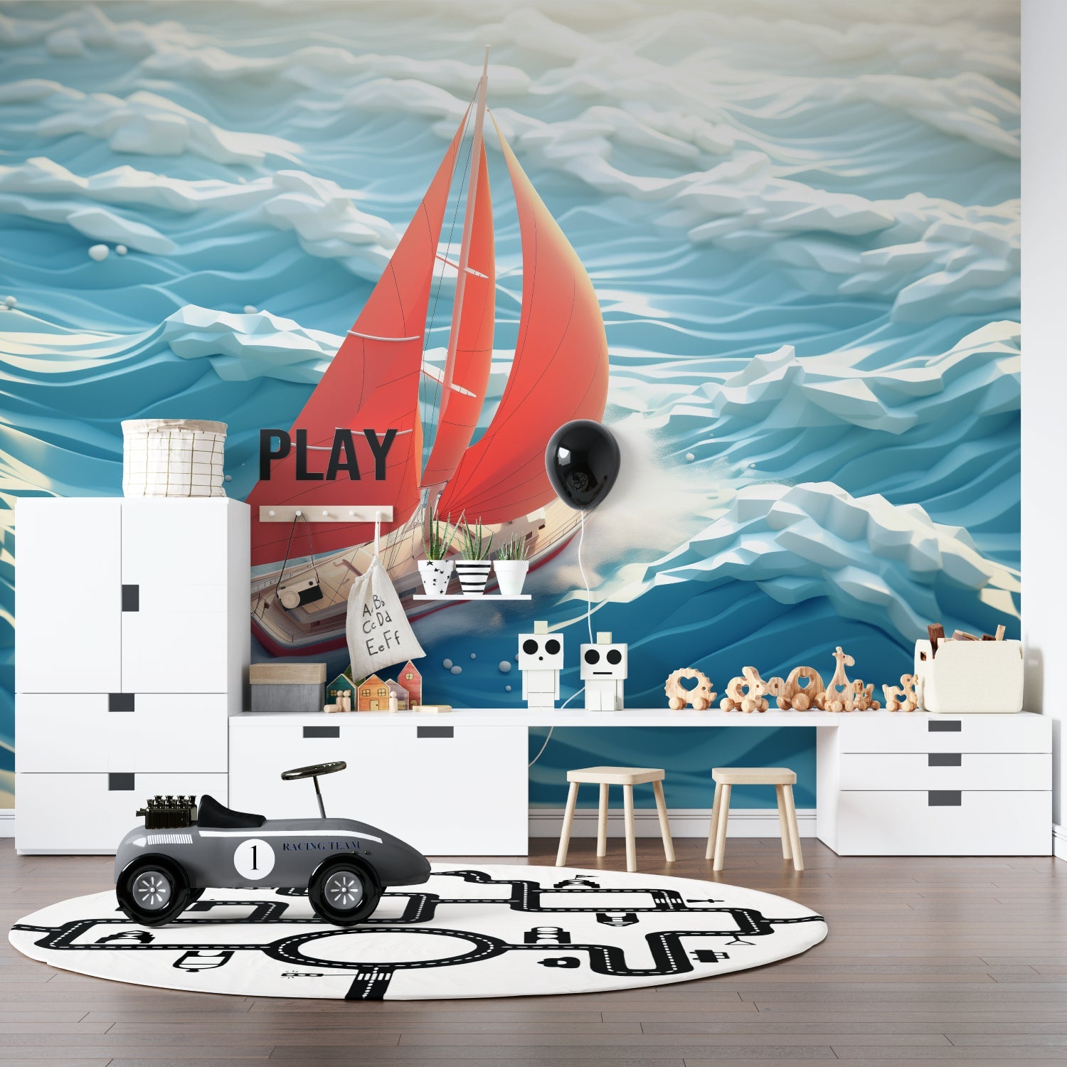 Ocean wave mural with red sailboat creating drama in a kid's bedroom