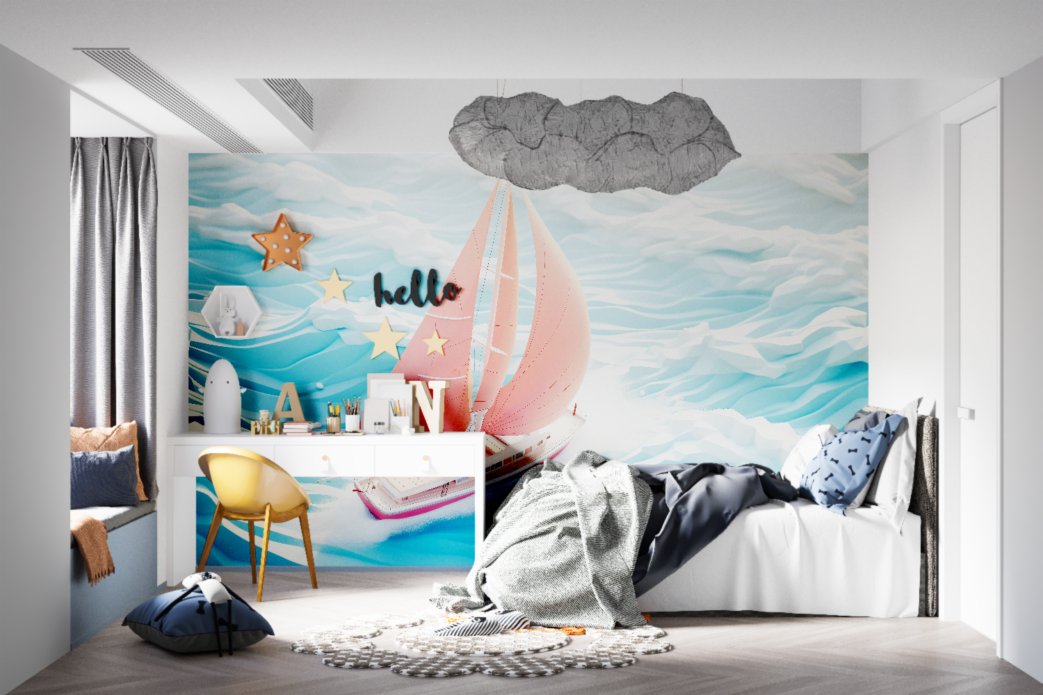 Red sailboat wall mural adding depth to a coastal dining room