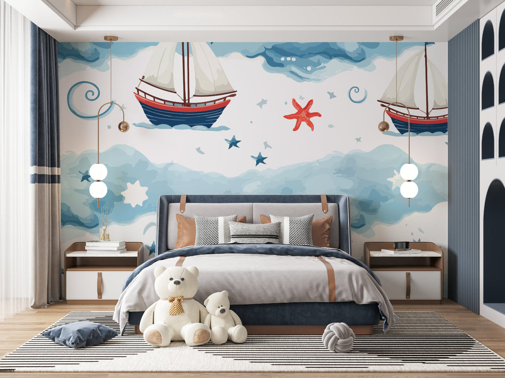Nautical wallpaper with sailing ships in a bright, modern nursery showing the perfect scale of the design