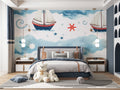 Nautical wallpaper with sailing ships in a bright, modern nursery showing the perfect scale of the design