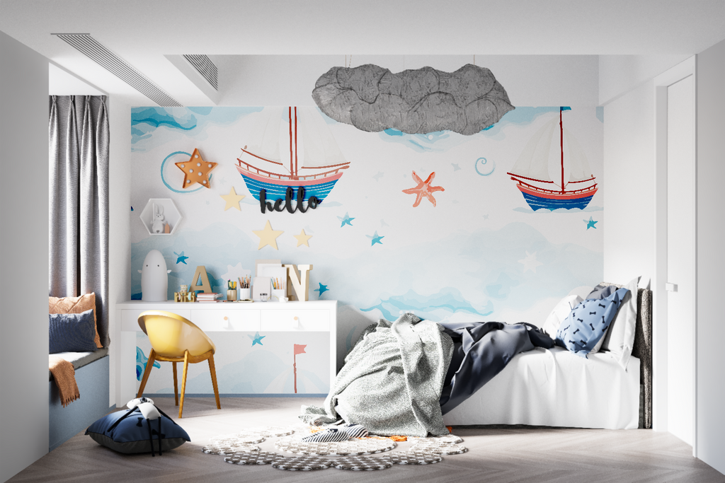 Maritime wall mural bringing ocean vibes to a cozy reading nook