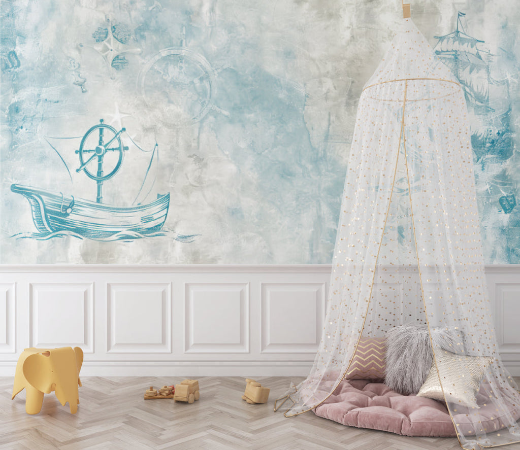Nautical theme mural adding maritime charm to a modern bedroom space