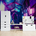 Neon city wallpaper in modern gaming room with purple and blue lighting effects