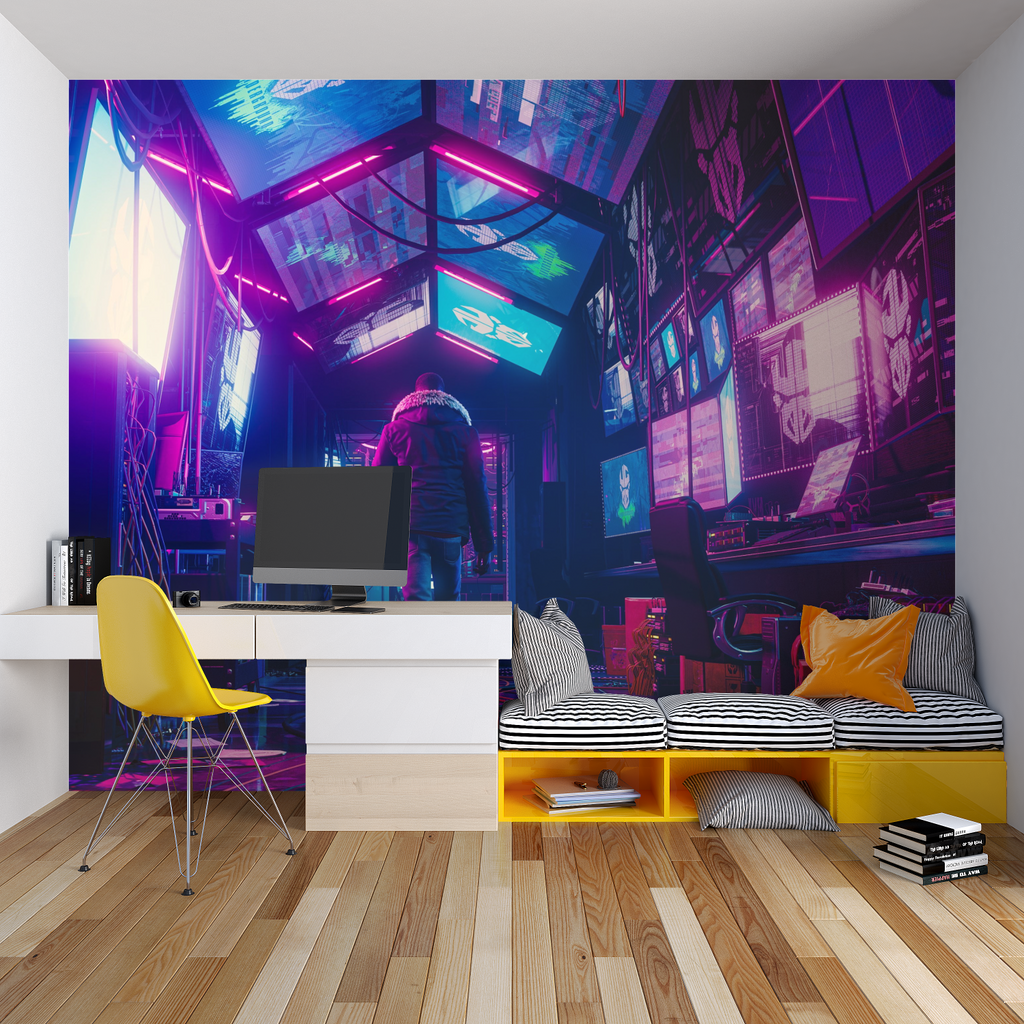 Urban neon wallpaper in home office with modern furniture and ambient lighting