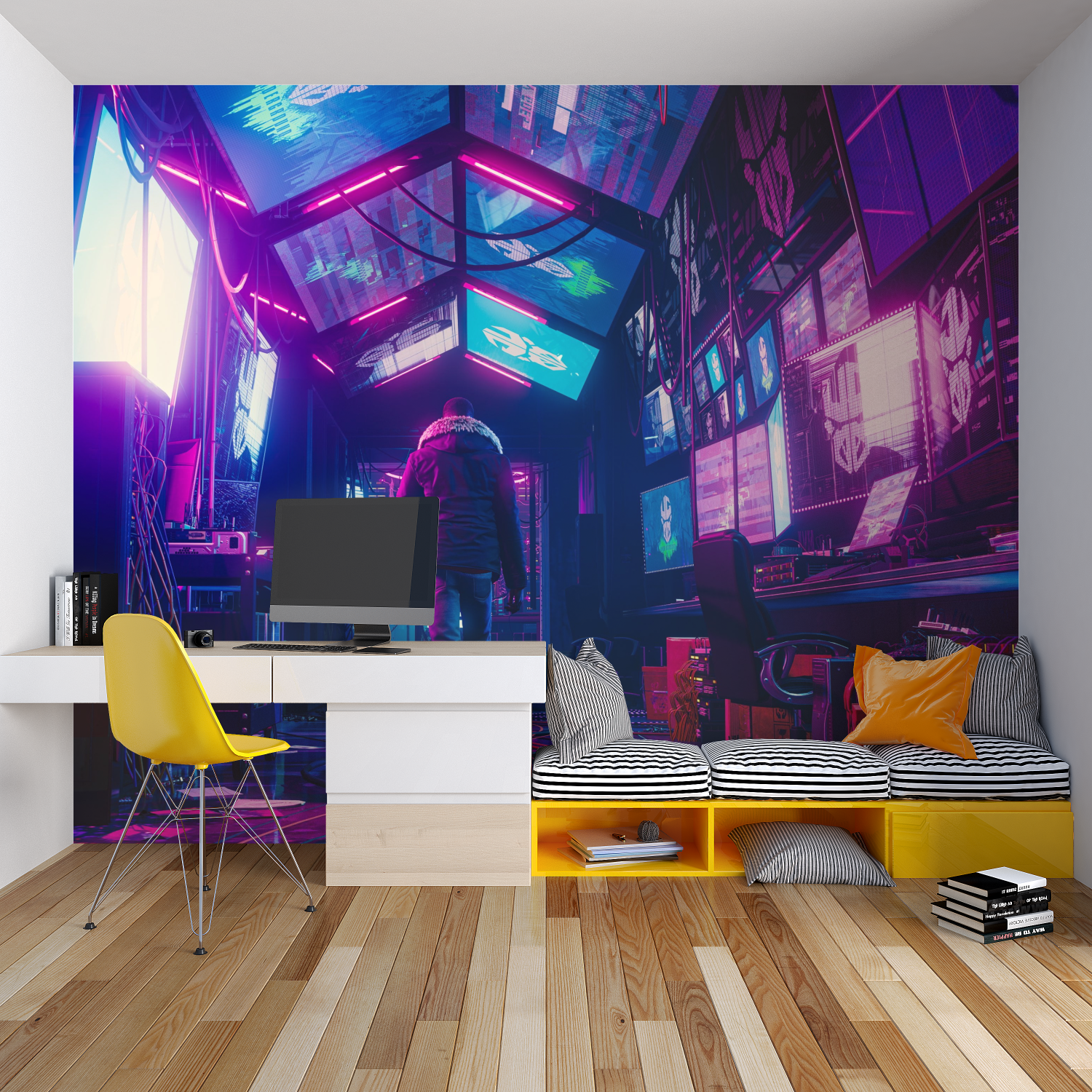 Urban neon wallpaper in home office with modern furniture and ambient lighting