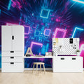 Neon tunnel wallpaper creating depth in modern gaming room with purple LED accent lighting