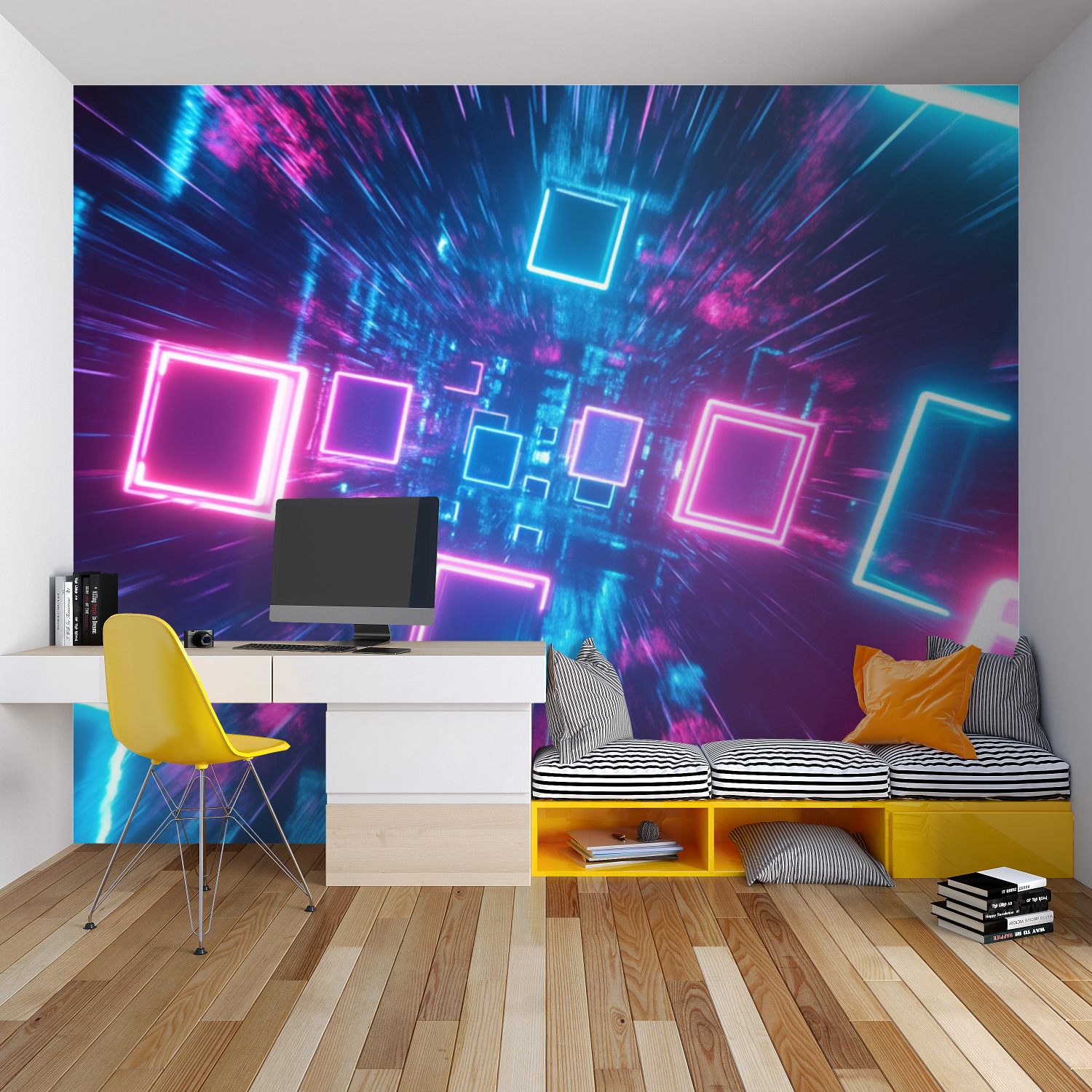 3D neon squares wallpaper making office space look futuristic and dynamic