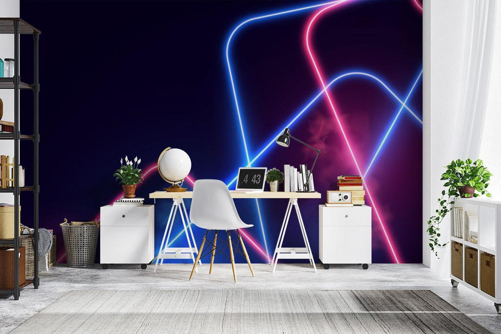 Modern neon geometric wallpaper in a gaming room setup with RGB lighting effects