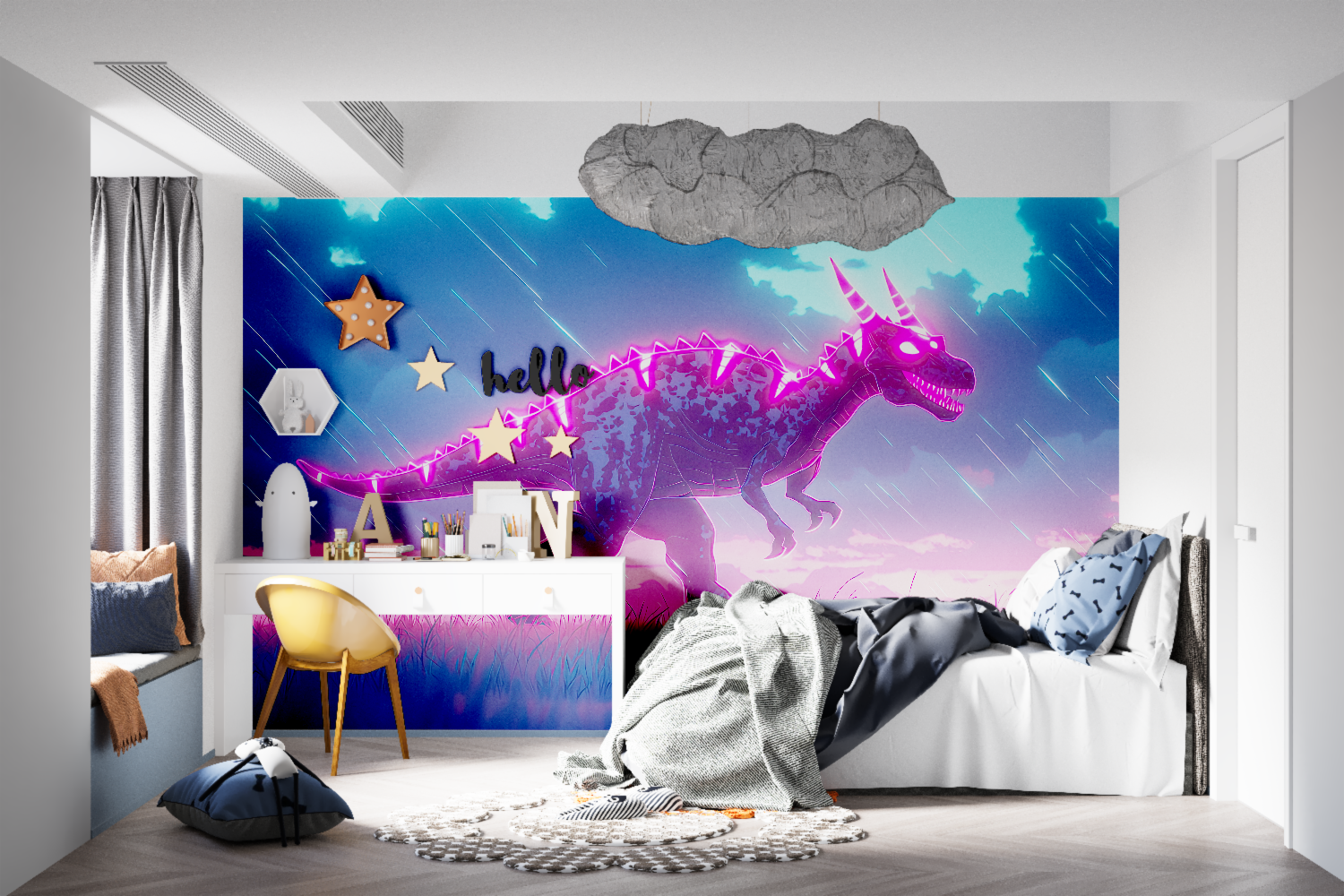 Pink T-Rex wall mural creating magical atmosphere in teen gaming room