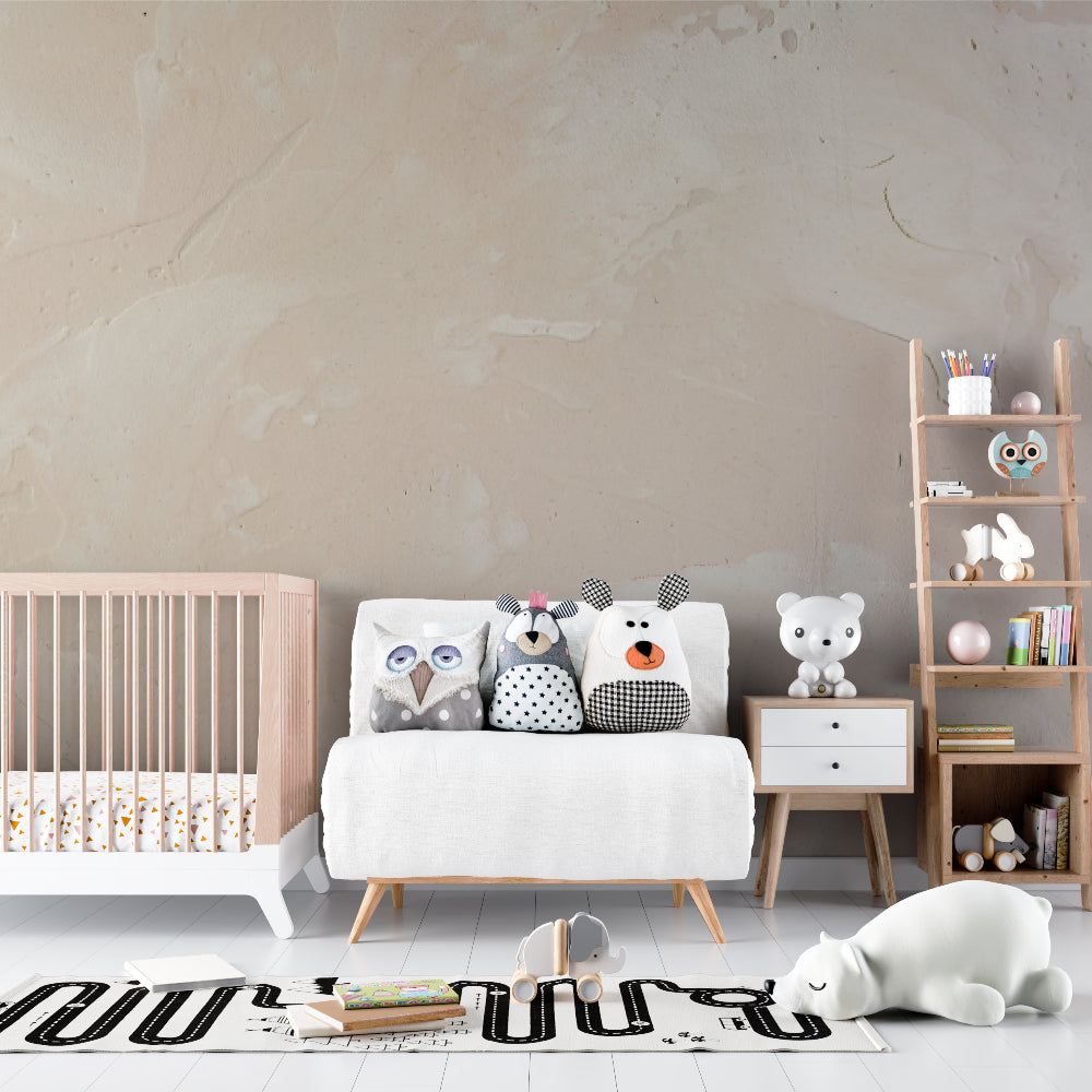 Neutral beige textured wallpaper in modern living room creating a calm, sophisticated atmosphere
