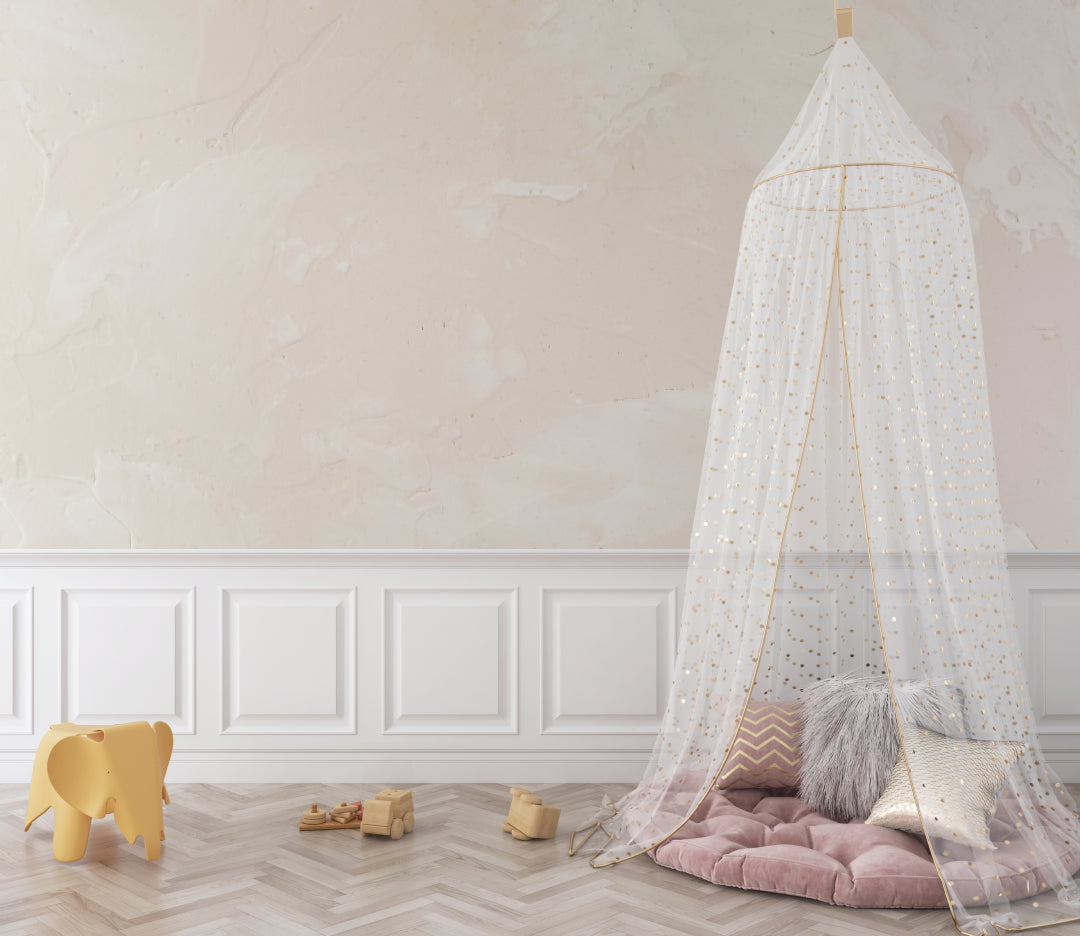 Beige wallpaper with texture detail in nursery creating peaceful environment