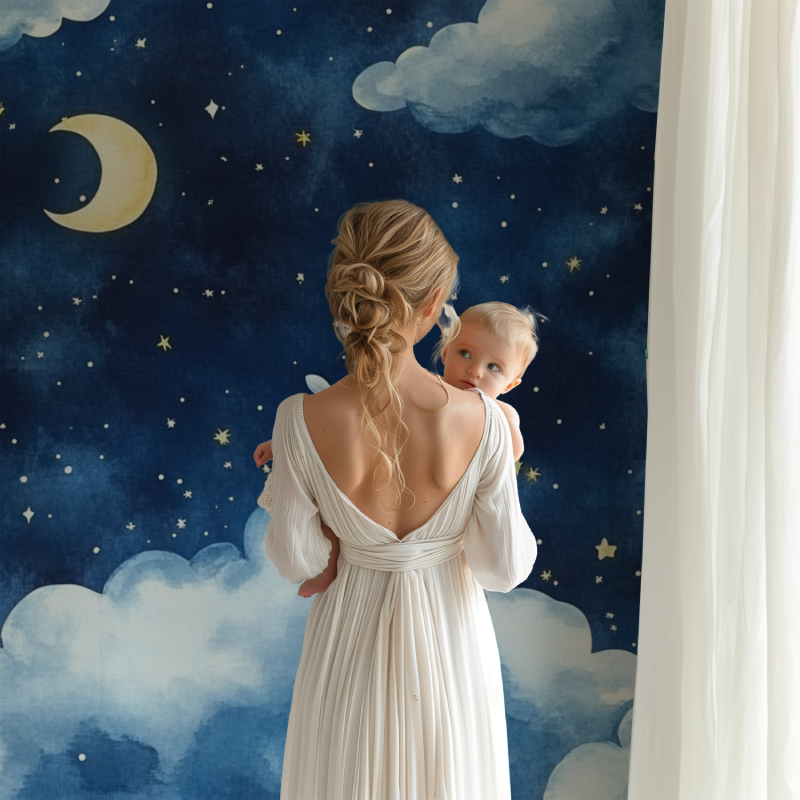 Night sky mural with bunny and stars making a cozy reading nook