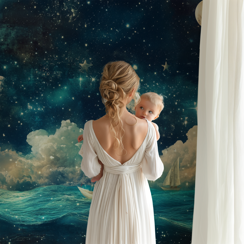 Celestial ship mural displayed in a children's bedroom with soft lighting