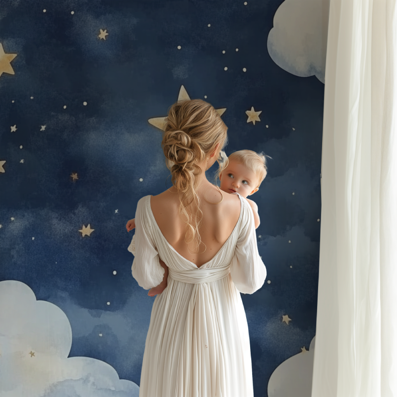 Night sky mural making a playroom ceiling feel like open stars