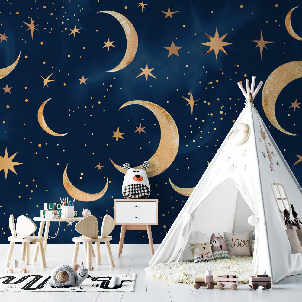 Celestial wallpaper creating a peaceful atmosphere in a master bedroom